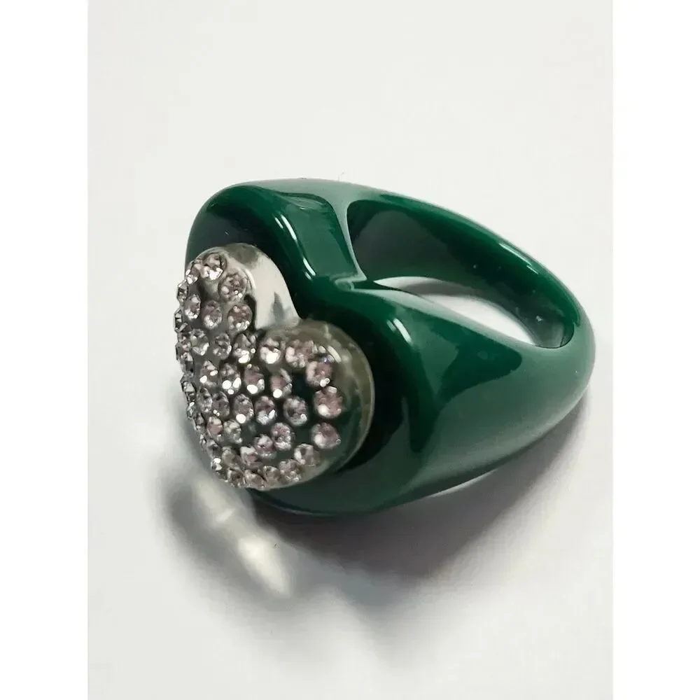 Sparklemuse Acrylic Rhinestone Heart On Heart Ring Size 8 Green Clear